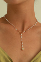 Gold Plated Bow Decor Pearl Chaining Necklace