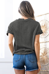 Carbon Grey Corded Knit Color Block Pocketed Crew Neck T Shirt