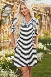 Black Stripe Contrast V Neck Collared Puff Sleeve T Shirt Mini Dress with Pockets