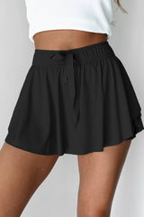 Black Drawstring Elastic Waistband Lined Tennis Skorts