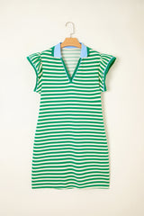 Green Stripe Print Contrast Collar Split Neck Flutter Sleeve Short Dress