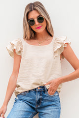 Beige Textured Bow Knot Frilled Butterfly Sleeve Blouse