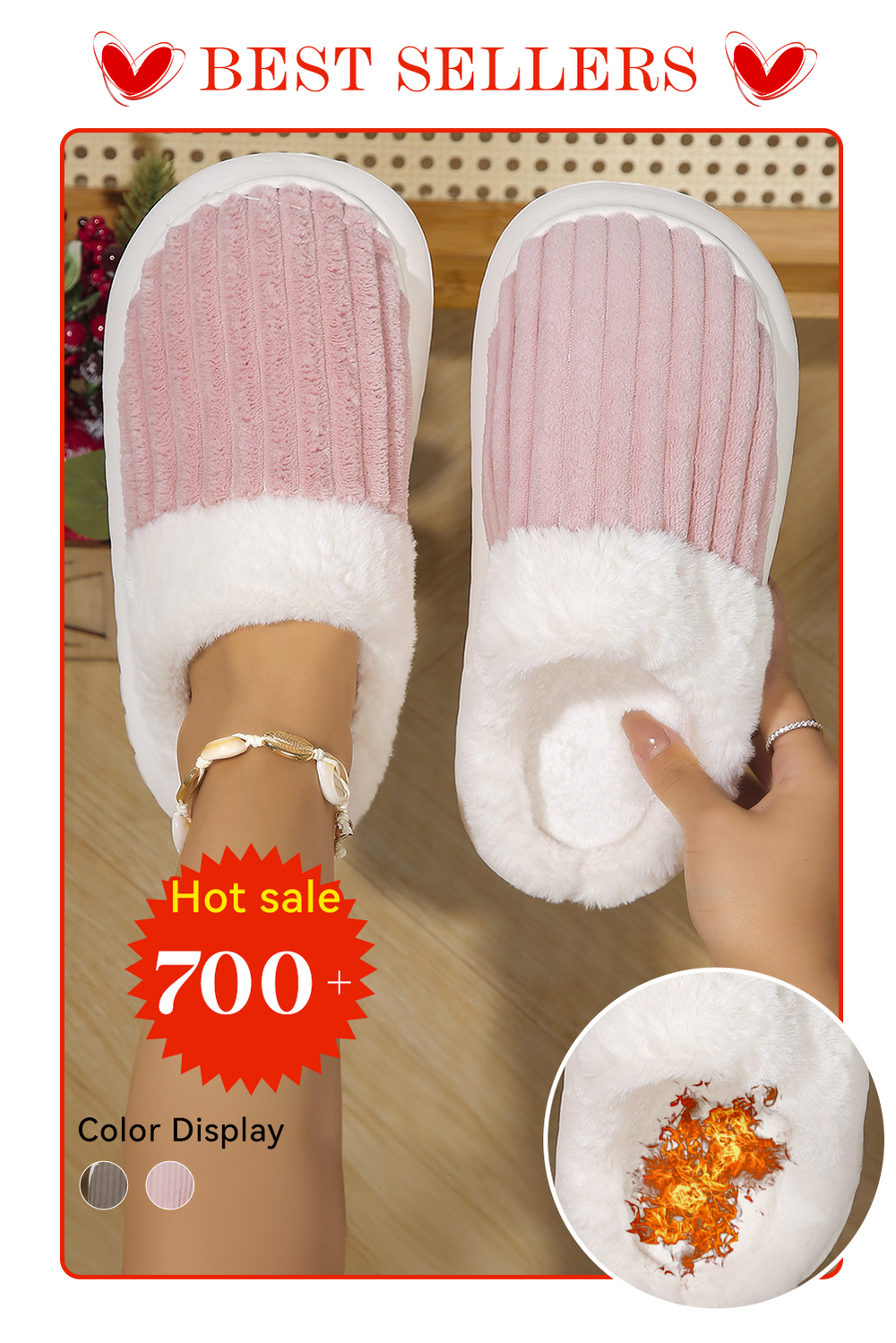 Pink Ribbed Plush Color Block Winter Slippers
