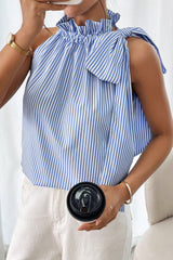 Sky Blue Tied Knot Frilled Collar Sleeveless Top