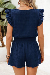 Dirty blue Textured Square Neck Top and Shirred High Waist Shorts Set