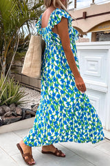 Blue Floral Print Square Neck Ruffled Strap Maxi Dress
