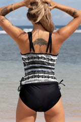 Black Printed Double Straps Printed Tankini Top with Shorts 2pcs Swimsuit