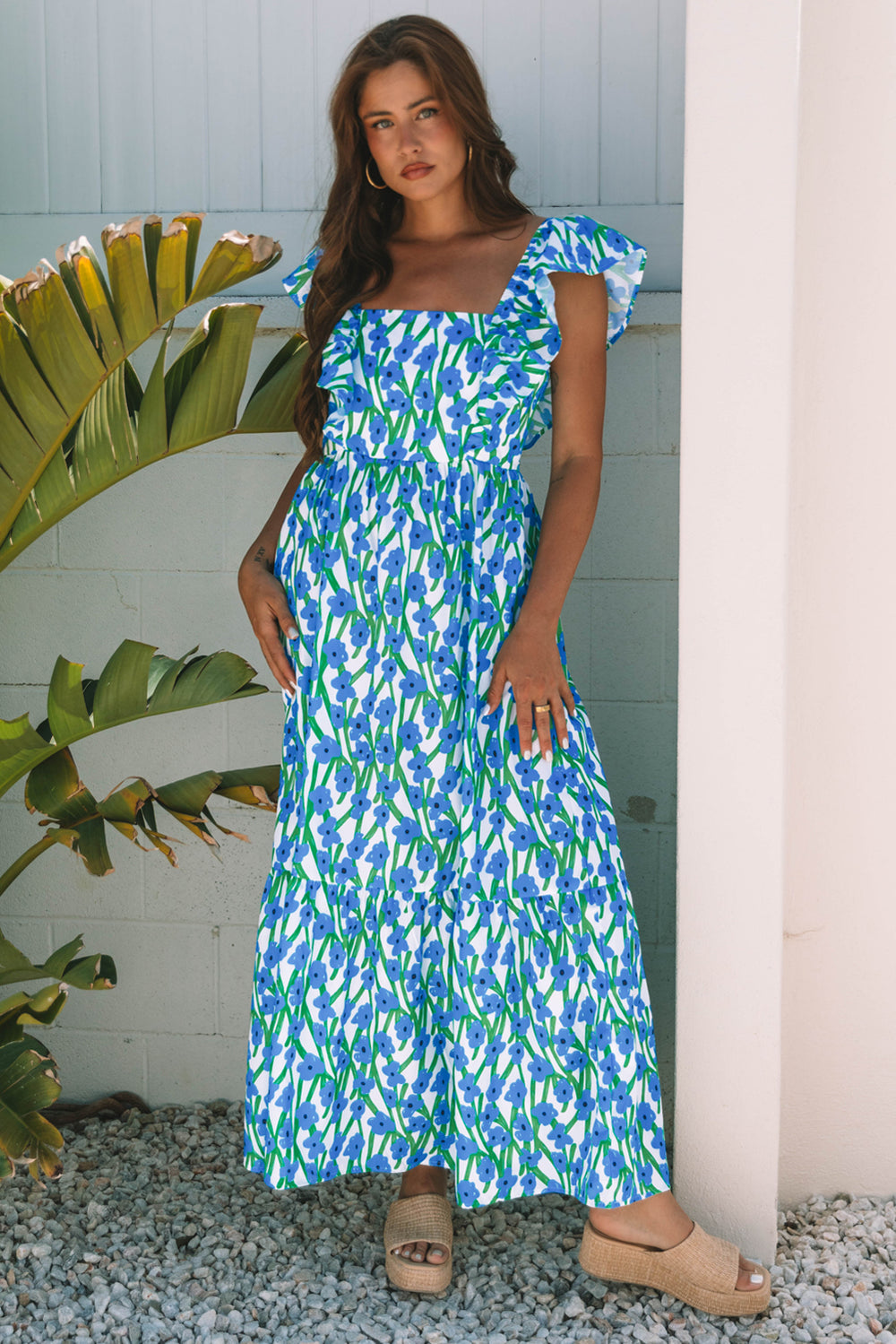 Blue Floral Print Square Neck Ruffled Strap Maxi Dress
