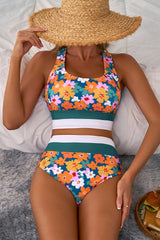 Dear Lover Green Floral Print Racerback Cutout High Waist 2pcs Bikini