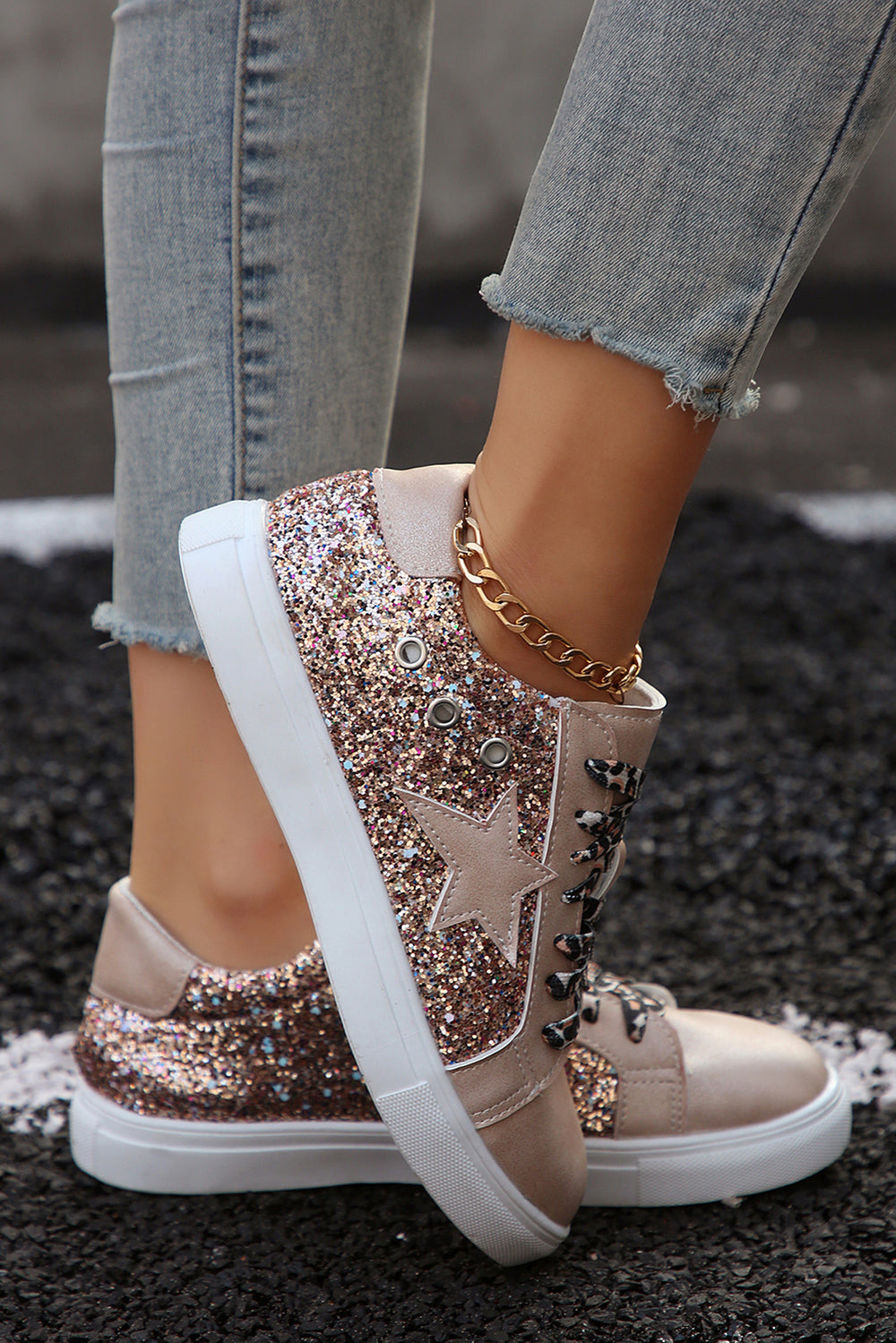 Gold Star Sequin Patchwork Leopard Lace-up Shoes