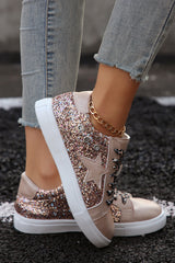 Gold Star Sequin Patchwork Leopard Lace-up Shoes