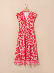 Red Boho Floral Short Sleeve V Neck Buttoned Shirred Waist Long Dress