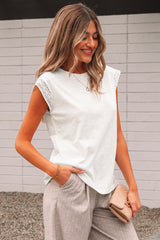White Lace Patchwork Cap Sleeve Round Neck T Shirt