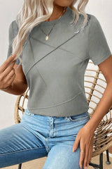 Medium Grey Solid Color Toothpick Stripe Round Neck T Shirt