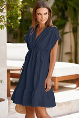 Navy Blue Double Drawstring Detail High Waist V Neck Short Sleeve Mini Dress