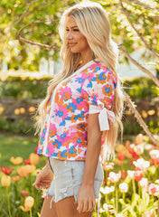 White Floral Colorblock Striped Edge V Neck Knotted Short Sleeve Blouse