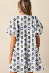 Sky Blue Floral Puff Sleeve Tied Neck Pocketed Mini Dress