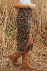 Brown Leopard Denim Frayed Split Denim Midi Skirt
