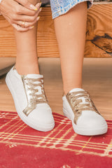 White Leopard Print Glitter Patched PU Leather Lace-up Shoes