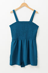 Blue Casual Pocketed Smocked Sleeveless Romper