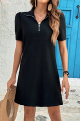 Black Textured Zipped Collar Shift Polo T Shirt Dress