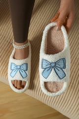 Light Blue Bow Embroidered Open Toe Plush Slippers