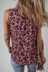 Brown Leaf Print Lace-up V Neck Crinckled Tank Top