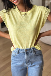 Yellow Cream Lace Patchwork Cap Sleeve Round Neck T Shirt
