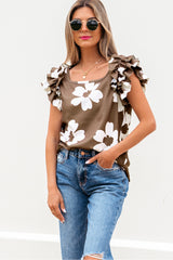 Brown Floral Textured Ruffled Short Sleeve Square Neck Blouse