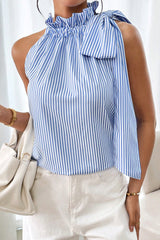 Sky Blue Tied Knot Frilled Collar Sleeveless Top