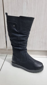 Black Comfort Stretch Knee Boots with flexible side panel and flat comfort sole