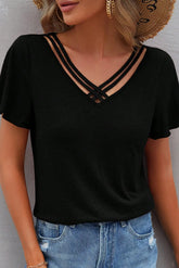 Black Crisscross V Neck Butterfly Sleeve T Shirt