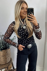 Black Polka Dot Patterned Bodycon Mock Neck Mesh Long Sleeve Top