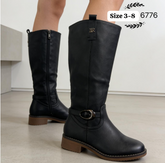 Women’s black wide fit knee high rider boots with buckle detail and low block heel