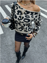 Brown Leopard Print Off-Shoulder Knit Sweater for Women