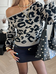 Brown Leopard Print Off-Shoulder Knit Sweater for Women
