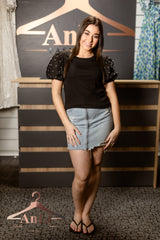 Black Ribbed Pearl Beaded Puff Sleeve Top