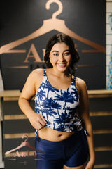 Navy Blue Coconut Tree Side Drawstring Crisscross Back Tankini Set