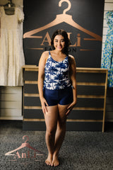 Navy Blue Coconut Tree Side Drawstring Crisscross Back Tankini Set