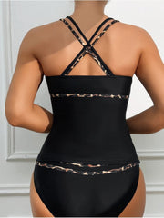 Leopard Trim Tankini Swimsuit Set for Women