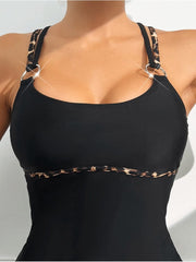 Leopard Trim Tankini Swimsuit Set for Women