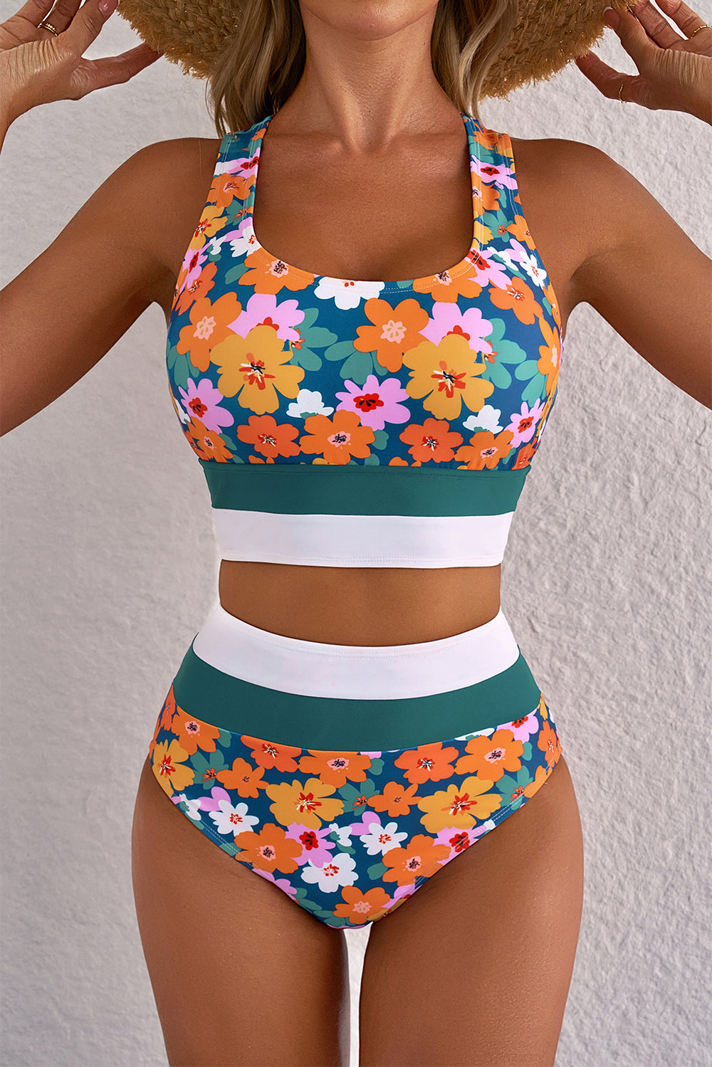 Dear Lover Green Floral Print Racerback Cutout High Waist 2pcs Bikini