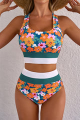 Dear Lover Green Floral Print Racerback Cutout High Waist 2pcs Bikini
