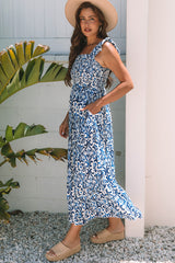 Sky Blue Boho Print Smocked High Waist Maxi Dress