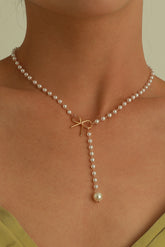 Gold Plated Bow Decor Pearl Chaining Necklace