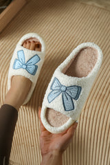 Light Blue Bow Embroidered Open Toe Plush Slippers
