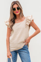 Beige Textured Bow Knot Frilled Butterfly Sleeve Blouse