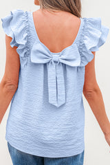 Beau Blue Textured Bow Knot Frilled Butterfly Sleeve Blouse