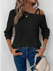 Black Solid Color Textured Knit Asymmetric Shoulder Long Sleeve Top