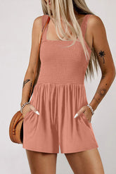 Apricot Pink Casual Pocketed Smocked Sleeveless Romper